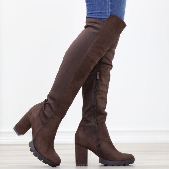 Shoes - Brown Thigh High Over The Knee Lug Block Heel Boots Faux Suede Round Toe